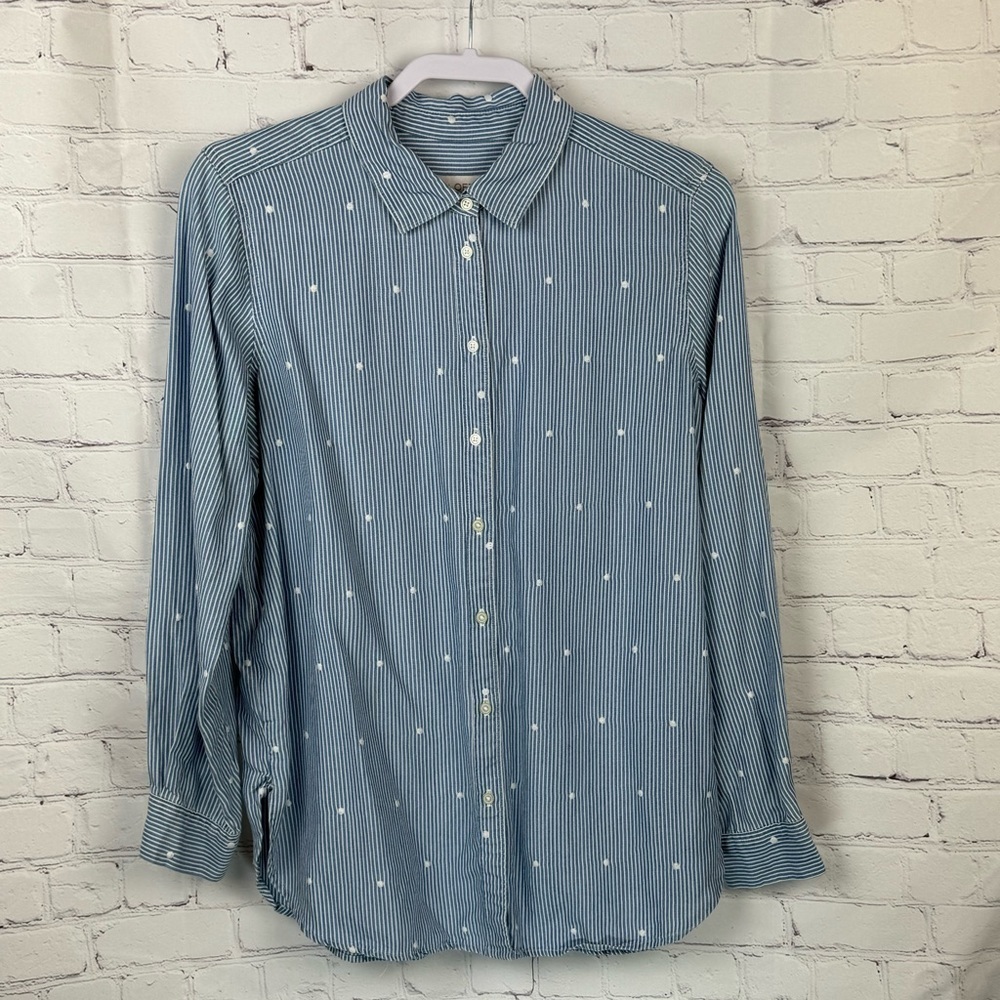 Loft Embroidered Dot Striped Button Up Chambray Shirt Blouse Blue White Medium